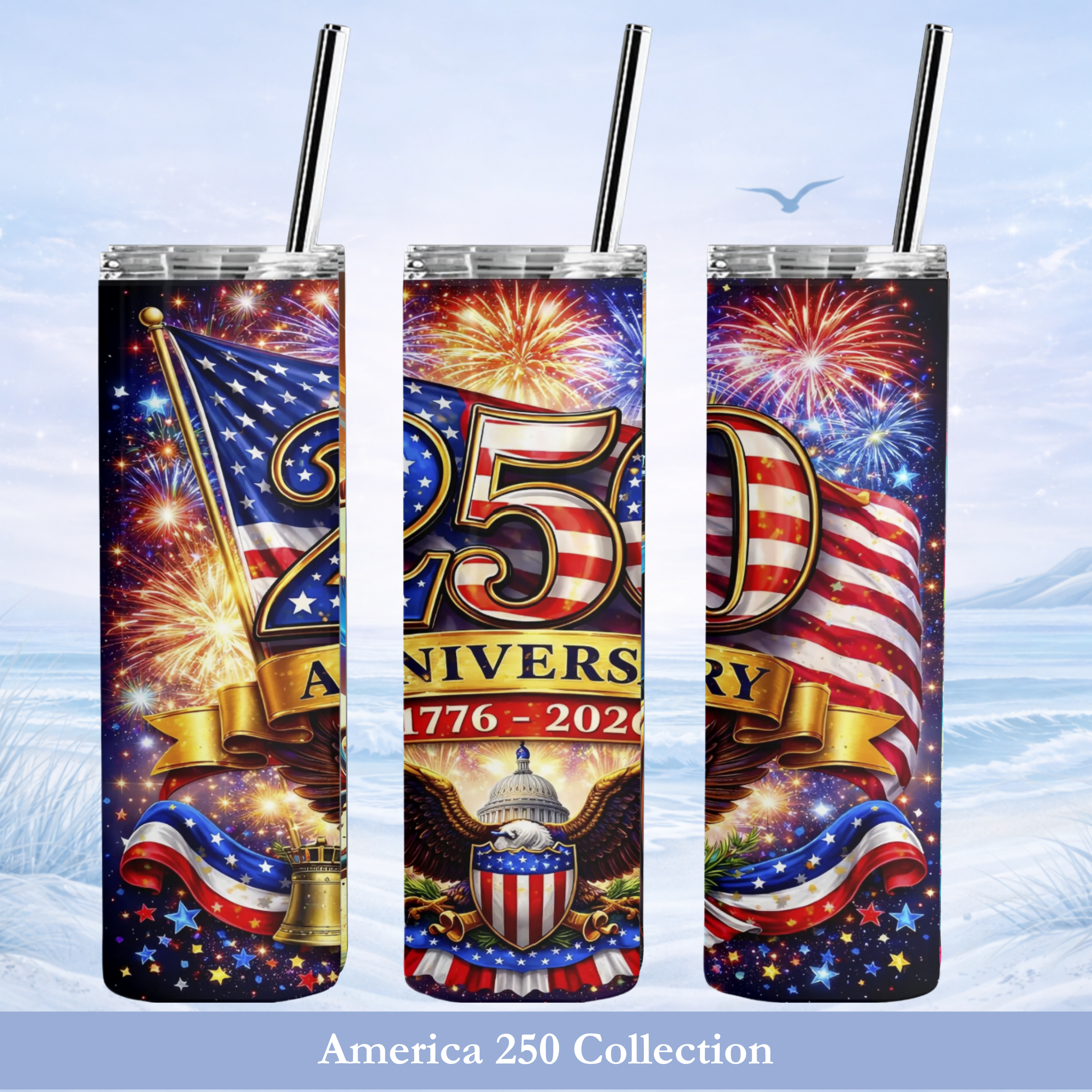 America 250 tumblers patriotic 20 oz cups USA 250th anniversary red white and blue designs